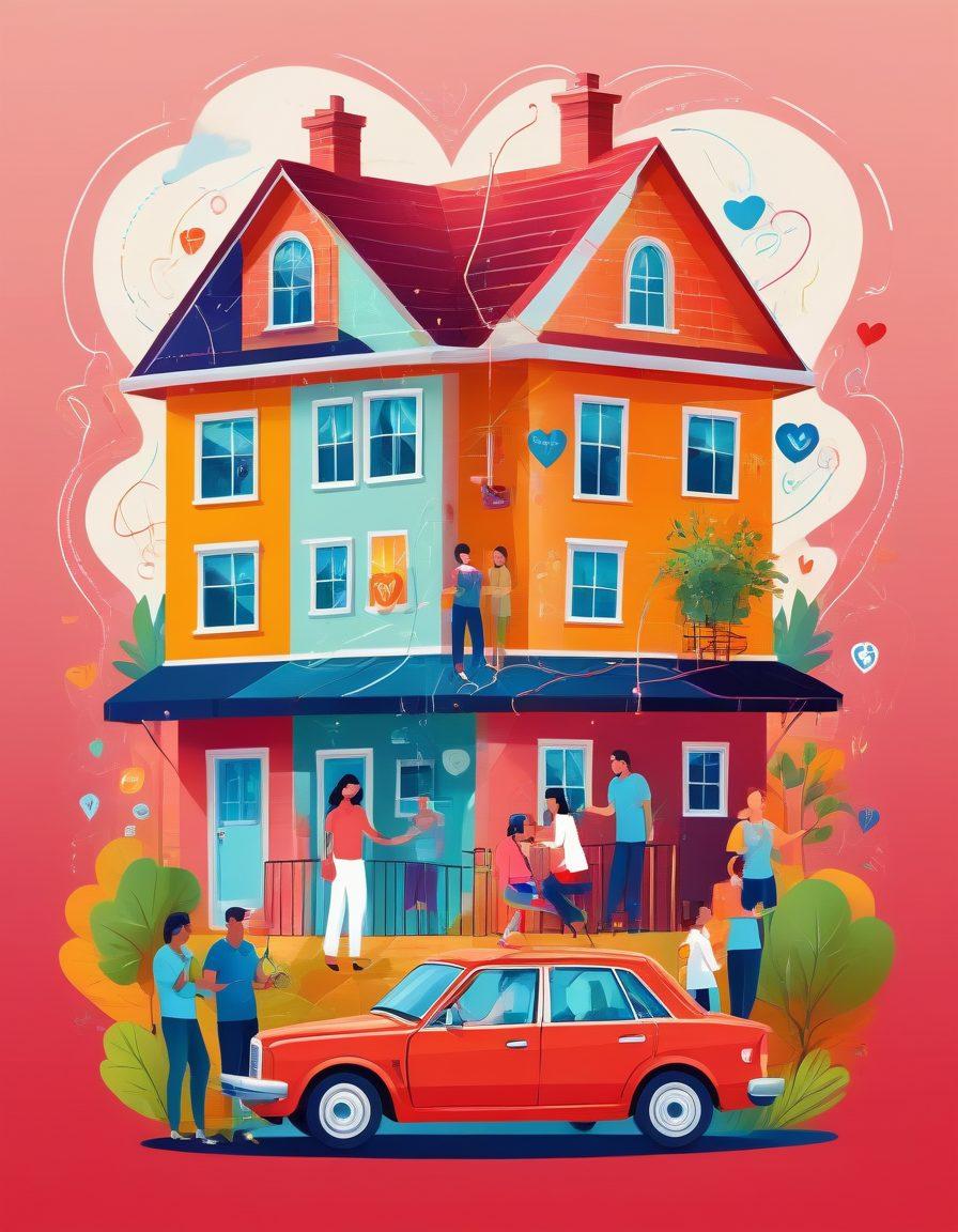 A detailed, informative scene illustrating various aspects of insurance coverage: a family in front of a protected house, a car with a shield around it, and healthcare symbols like a stethoscope and heart, all interconnected with dotted lines and icons representing coverage options. Include a diverse group of happy individuals discussing paperwork with an agent. vibrant colors. vector art.