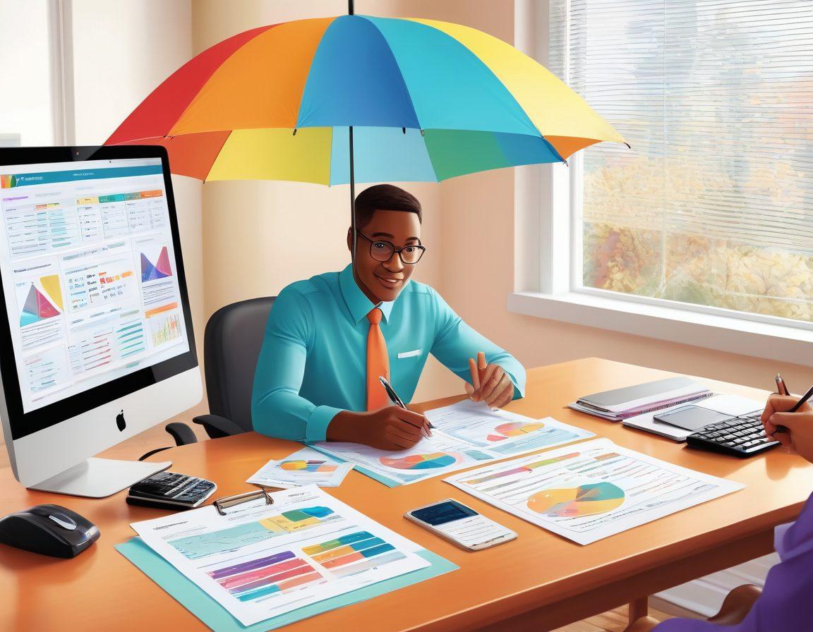 A friendly insurance agent at a desk filled with colorful documents, quotes, and a computer screen displaying different insurance plans. A magnifying glass highlighting key details, while diverse people outside the office window appear covered by a protective umbrella. Bright, welcoming office ambiance with soft pastel colors. illustration. vector art. vibrant colors.