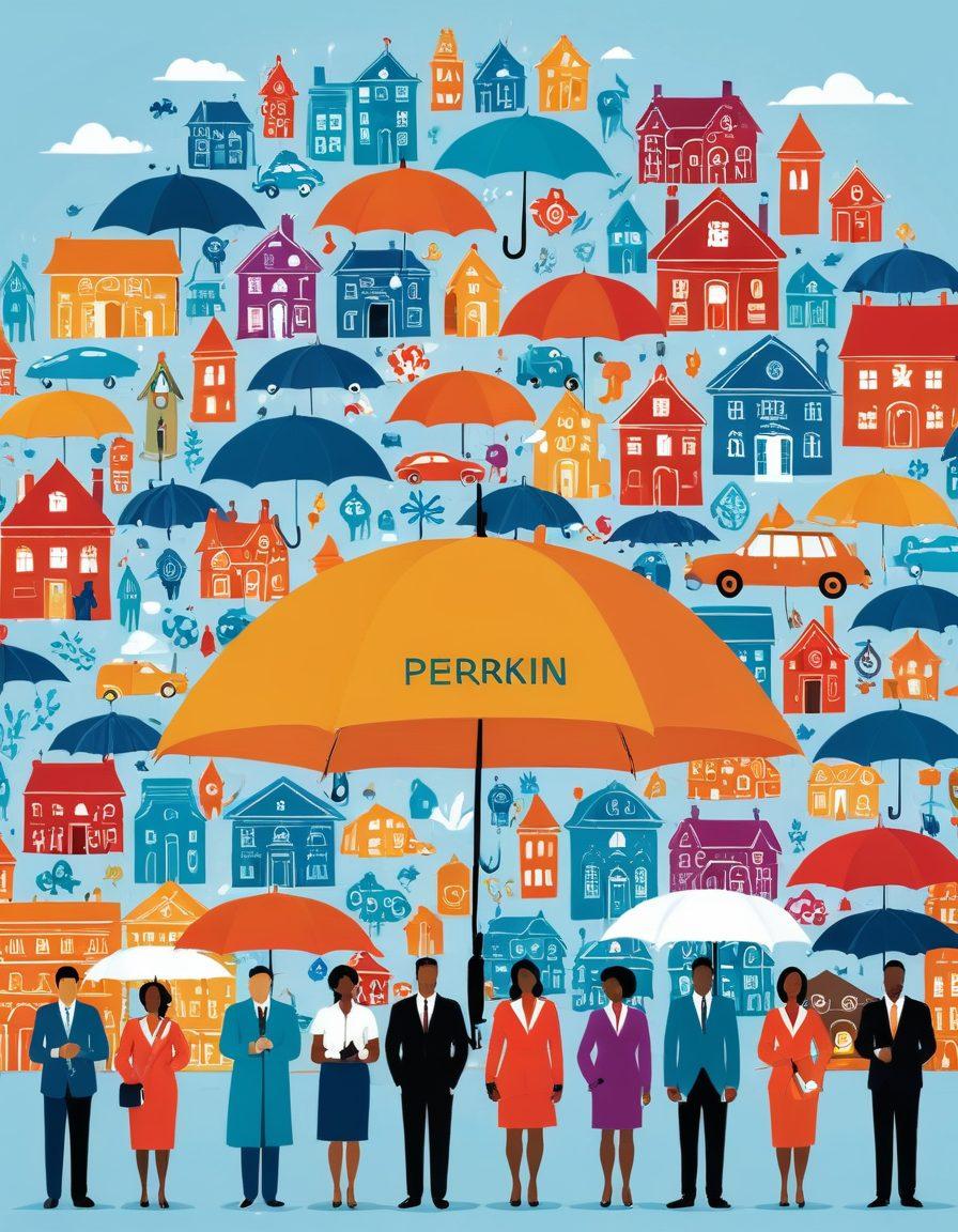 A diverse array of people standing under a large umbrella labeled 'Perkin Insurance', with icons around them representing personal and commercial needs (houses, cars, businesses, medical). A city skyline in the background and a clear sky above. Vector art. vibrant colors.